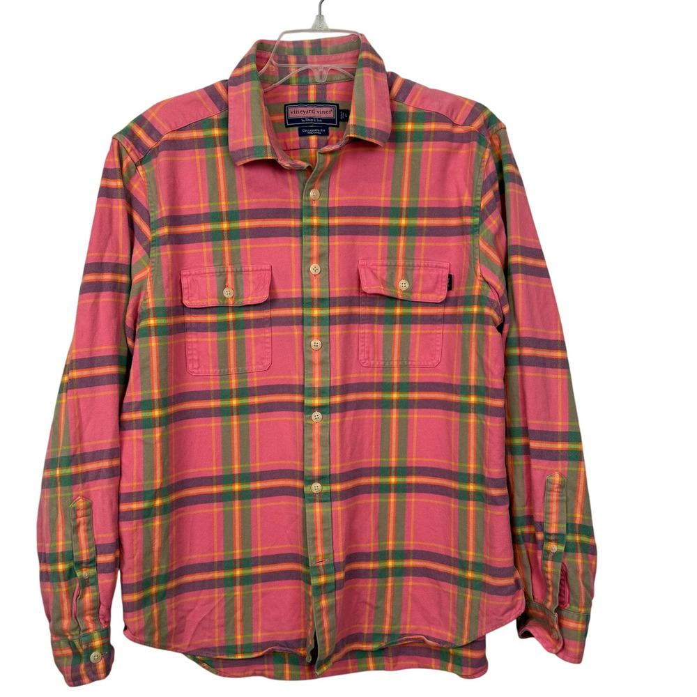 Vineyard Vines Plaid Flannel Shirt Pink Green Collegiate Fit Size L 100% Cotton